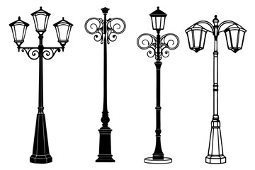 Set of decorative classic street lamps. Ornate vintage lamppost silhouettes and line art illustrations isolated on a white background for urban design concepts.