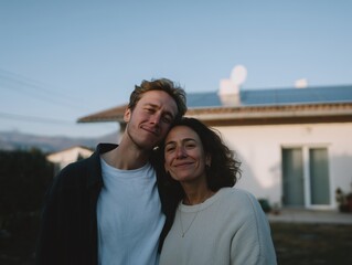 Young couple standing in front of modern house with solar panels on roof, symbol of sustainable living, green energy investment and eco-conscious decision-making