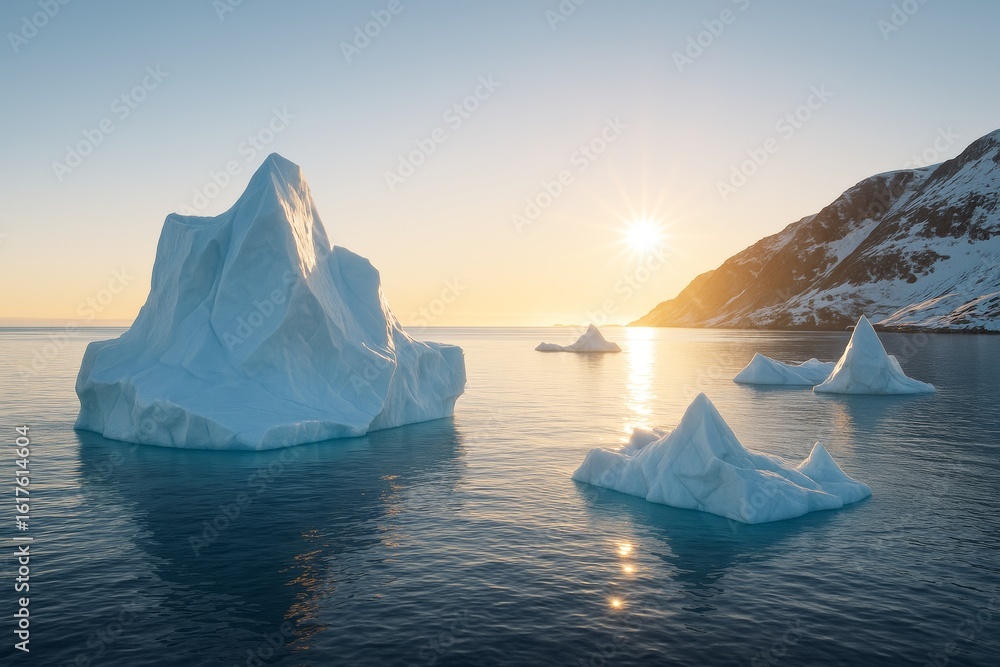 Poster icebergs floating in calm arctic sea at sunrise with snowy mountains in background and soft golden l