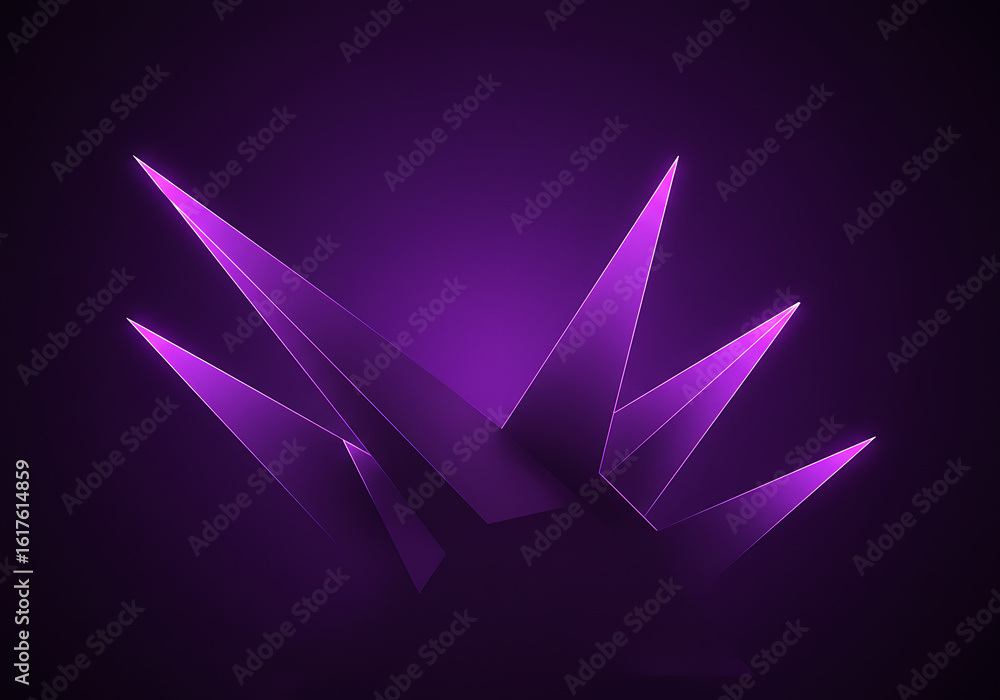 Poster graphic design element: dynamic purple geometric forms emerging from a dark void.