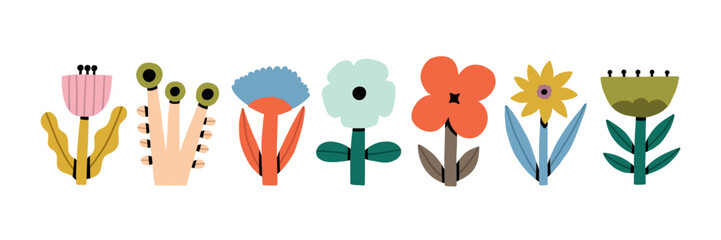 Nordic Folk Flower Set. Abstract Easter Geometric Floral Graphic Element. Vector Illustration