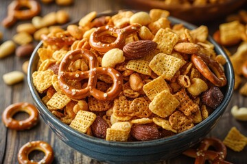 Obraz premium Crunchy Snack Mix with Pretzels and Nuts in a Bowl on a Wooden Table