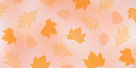 Seamless autumn background with orange maple leaves and acorns on a soft peach pink gradient. Flat seasonal pattern with subtle texture and warm nostalgic tones. Cozy fall inspired visual style.