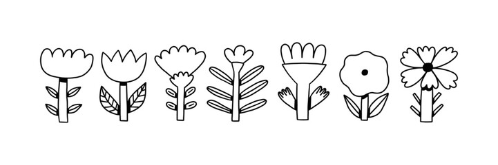 Nordic Black Liner Flower Folk Set. Abstract Geometric Floral Graphic Elements. Vector Doodle Illustration