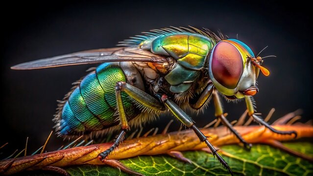Extreme close up macro photograph of a metallic green and blue bottle fly perched on a branch