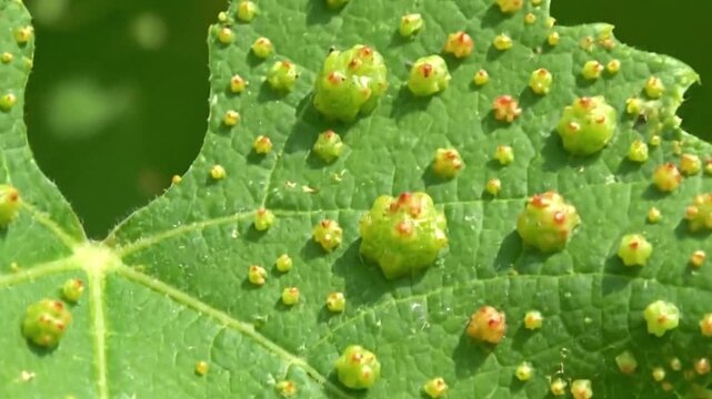 A green leaf is covered with numerous small wartlike growths or galls scattered across its surface