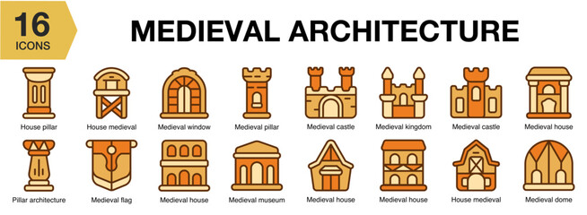Medieval Architecture flat icon set. Includes architecture, castle, fortress, stone, and More. Flat icons vector collection.