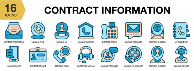 Contact Information flat icon set. Includes info, address, email, phone, call, mobile, and More. Flat icons vector collection.