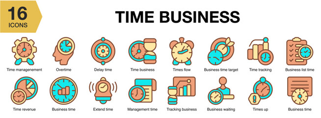 Time Business flat icon set. Includes business, clock, schedule, deadline, calendar, and More. Flat icons vector collection.