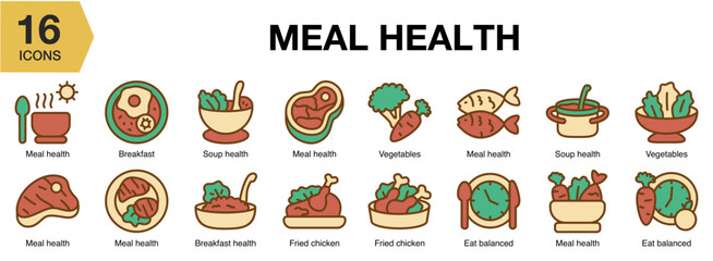 Meal Heath flat icon set. Includes health, nutrition, diet, food, wellness, and More. Flat icons vector collection.