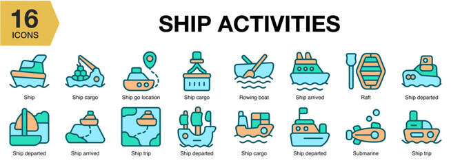 Ship Activities flat icon set. Includes activities, sailing, navigation, marine, ocean, and More. Flat icons vector collection.