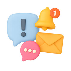 3d message and email symbols with alert and speech bubbles isolated on transparent background