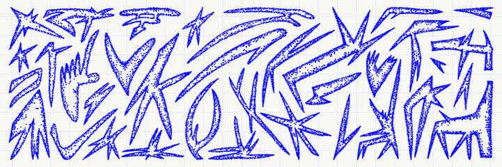 Set of abstract hand drawn shapes with noise texture. Funky doodle graphic asset. Trendy grunge style design elements. Vector figures.