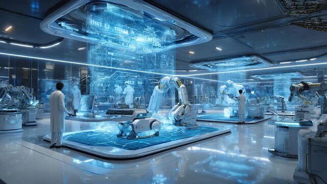 Medical lab with advanced holographic displays showing health data and analysis, scientists interacting with futuristic technology in a smart healthcare environment - Powered by Adobe