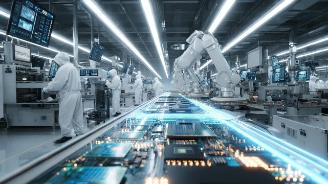 Robotic arms assembling products on a futuristic smart factory line under bright lighting, showing industrial automation, advanced production, and high-tech engineering