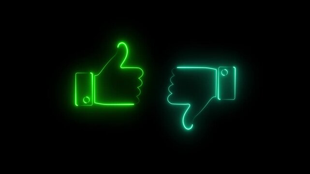Glowing neon Like and dislike icon. Thumbs up and thumbs down. Colorful neon light glowing icon. Thumb neon icon. like. Animated neon symbol on black background. 4k video.	