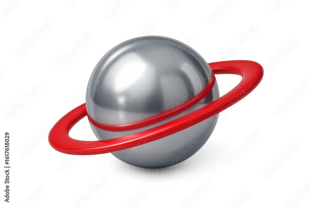 Poster 3d rendering of a silver planet rotating with red rings on transparent background, perfect for space