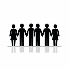 Vector silhouette of a group of four people holding hands in a row, symbolizing unity and teamwork, black solid design