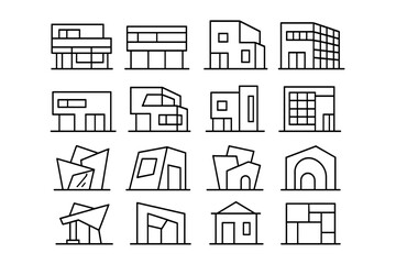 Collection of minimalist architectural icons in black and white