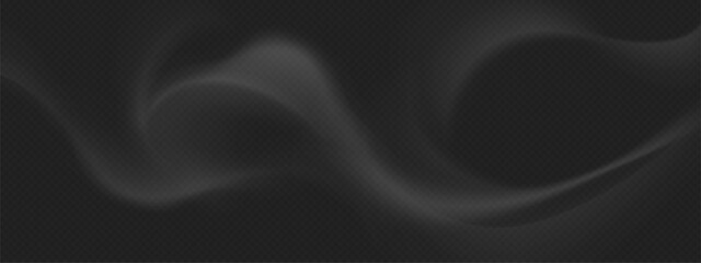 Realistic smoke overlay effect - flowing grey vapor waves on transparent background. Soft fog texture with smooth curves for photo editing, atmospheric visual design elements. Natural mist pattern.