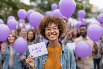 Young woman smiles holding blank card in front of crowd with purple balloons during epilepsy awareness event