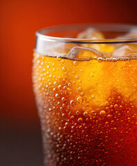 Chilled glass of root beer with ice cubes against vibrant orange background. Refreshing and invigorating
