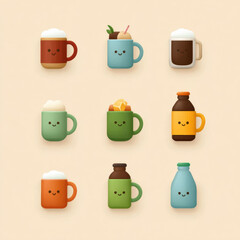 Cute cartoon mugs and bottles with smiling faces in various colors and styles