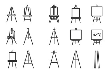 Art easels and drawing tools set on grey background with various designs