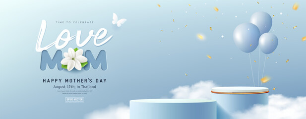 Happy mother's day blue podium display and jasmine flower, love mom poster design on cloud light blue background banner design