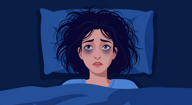 Sleeplessness illustrated with a worried woman lying awake at night in her bed with messy hair.