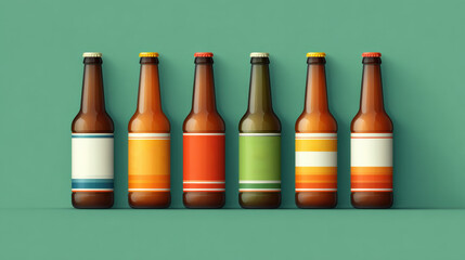 Colorful bottles with various labels are lined up against green background, showcasing modern and minimal design