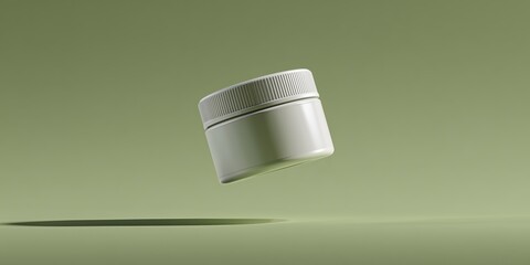 White cosmetic jar mockup floating on green background, perfect for skincare, beauty cream or herbal cosmetic product presentation