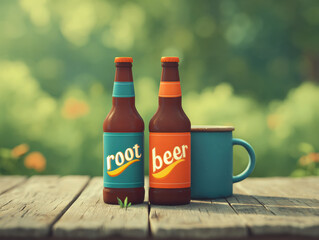 Two root beer bottles with colorful labels stand on wooden table outdoors, next to blue mug, surrounded by greenery