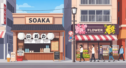 Obraz premium A vibrant Japanese street scene with a traditional eatery, a flower shop, and pedestrians walking by.