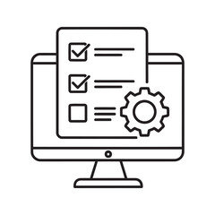 Online task management icon with computer checklist and gear for digital workflow and system configuration representing software settings line vector stroke