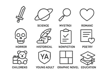 Various book genres represented with icon illustrations on gray background