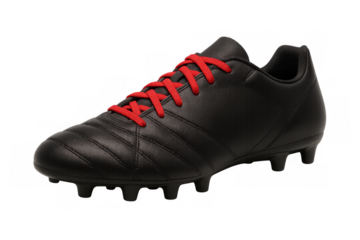 Studio shot of a black soccer shoe with red laces, isolated on a transparent background, ready for action on the field