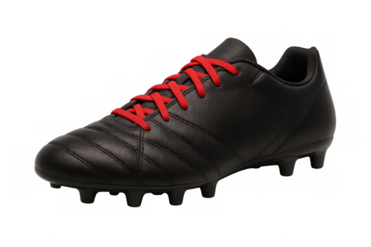 Studio shot of a black soccer shoe with red laces, isolated on a transparent background, ready for action on the field