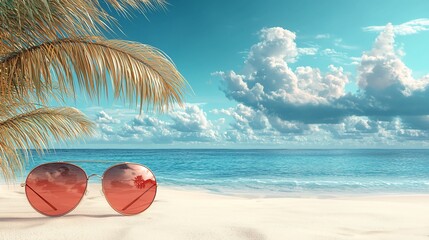 Pink aviator sunglasses on beach sand, palm leaves, ocean view