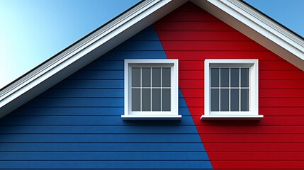 Colorful House Gable with Two Windows Under Partly Blue and Partly Red Roof