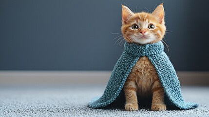 Adorable kitten in blue cape, modern home interior