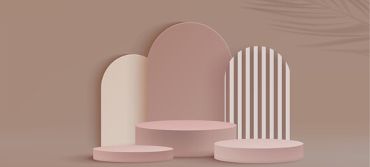 Minimal beige podium display with cylindrical platforms, geometric arch backdrops and palm leaf shadow on wall - elegant product presentation setup for cosmetics, jewelry or luxury goods showcase.