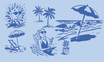 Hand-Drawn Summer Vacation Doodle Illustration Set with Girl, Beach, and Tropical Elements. Suitable for use in themed packaging, cultural and creative products, posters, cards, social media decoratio