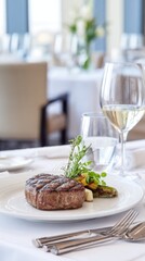 elegant grilled steak served in a fine dining setting, white tablecloth background, clean utensils and wine glass blurred in the distance