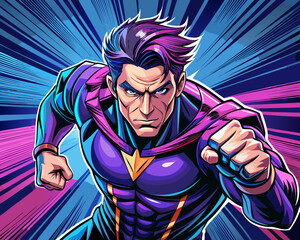 Pop art comic book style super hero punching with male superhero costume poster design