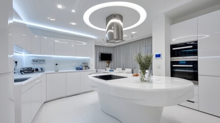 high-tech kitchen interior, sleek white surfaces, central island with induction cooktop, built-in appliances, futuristic lighting, minimal clutter, modern tech style