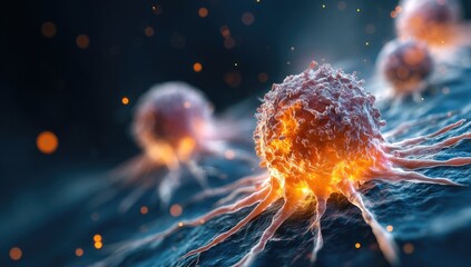 Cancer cells ablaze.  Fiery cancerous cells amidst a dark, microscopic backdrop