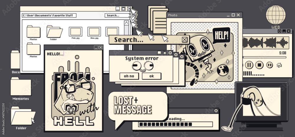 Poster nostalgic y2k internet aesthetic with retro computer windows - vintage browser interfaces, system er