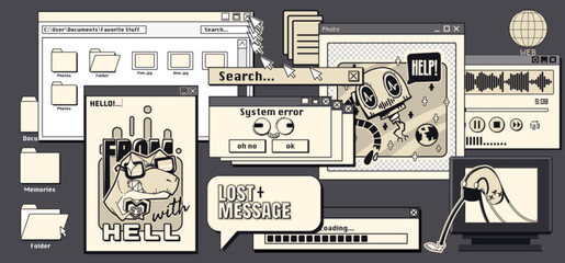Nostalgic y2k internet aesthetic with retro computer windows - vintage browser interfaces, system error popup, loading bar and desktop folder for digital vaporwave designs and millennial graphics.