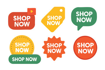 A vibrant collection of six different 'Shop Now' promotional badges in various shapes and colors, ideal for e-commerce websites and marketing campaigns, inviting immediate action.